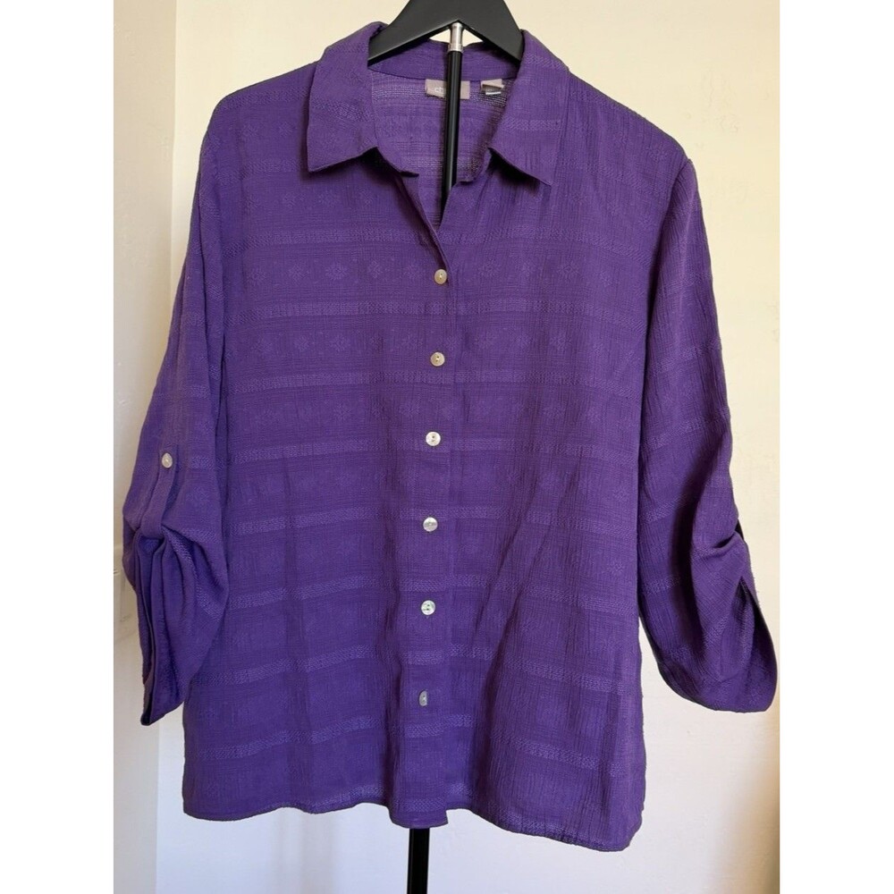 Chico's Women’s XL Purple Jacquard Button-Up Blouse Collared 3/4 Sleeve Textured